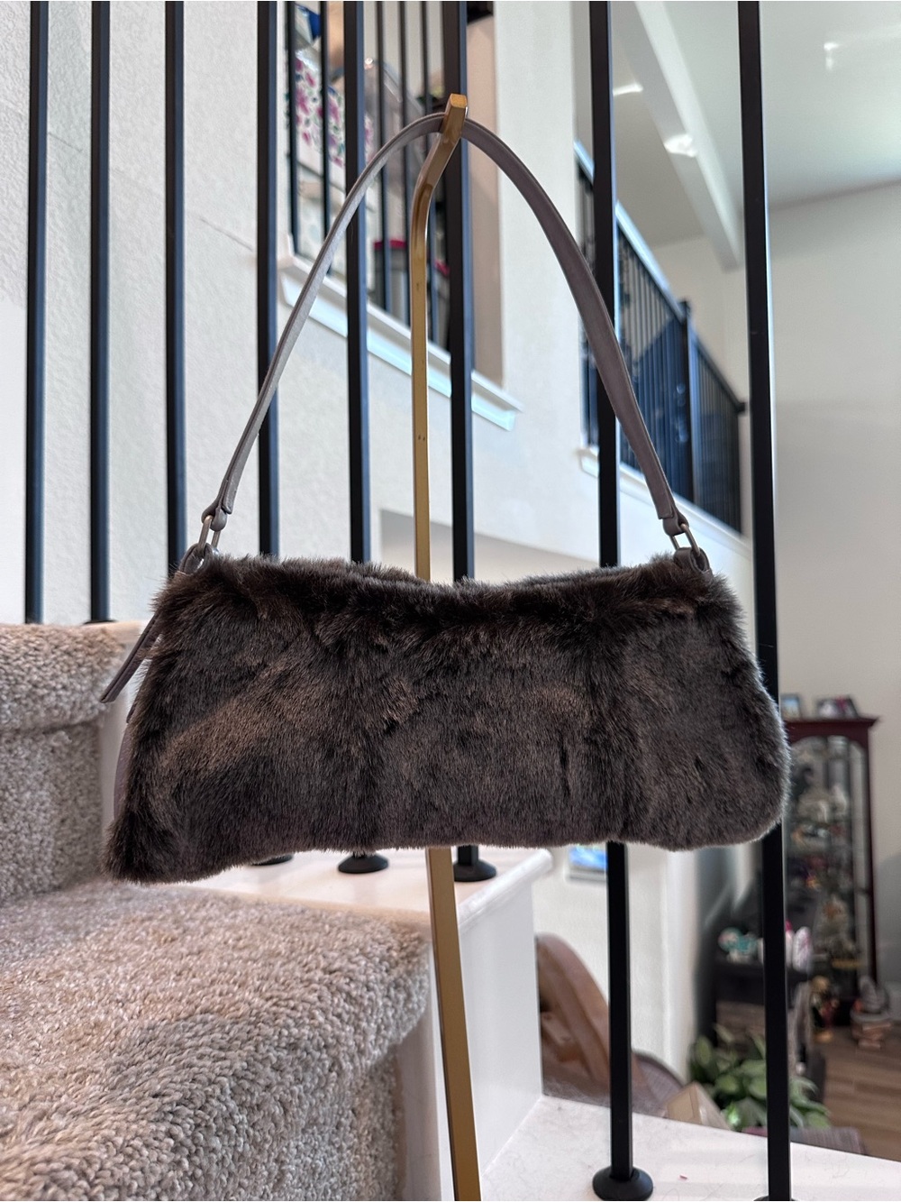 Kate Landry Faux Fur Shoulder Bag in Dark Brown